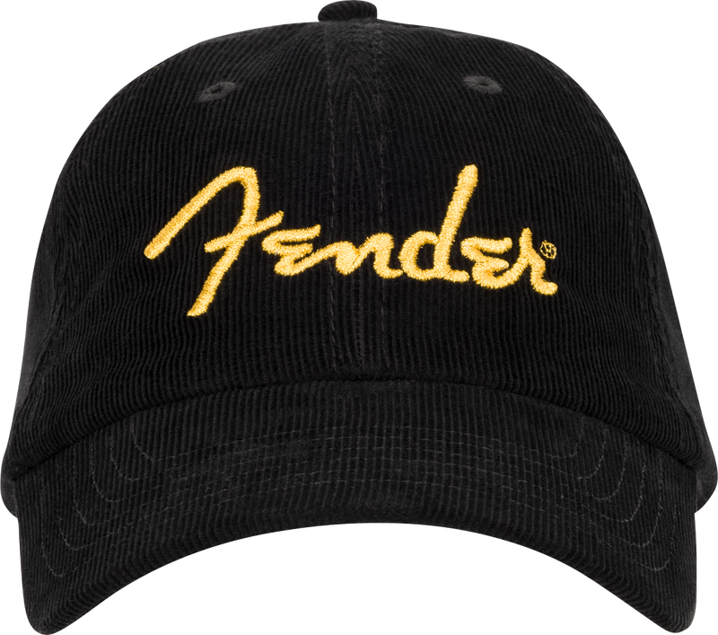 Fender® Gold Spaghetti Logo Corduroy Baseball Hat, Black, One Size