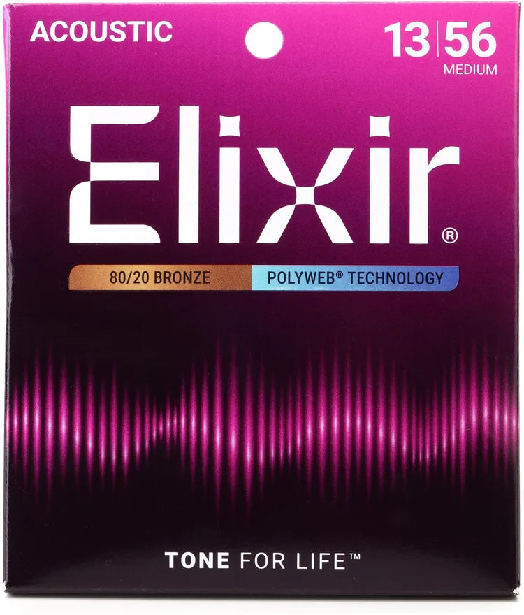 Elixir Strings 11100 Polyweb 80/20 Bronze Acoustic Guitar Strings - .013-.056 Medium