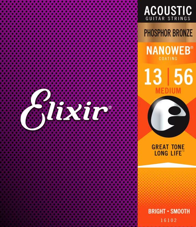 Elixir Strings 16102 Nanoweb Phosphor Bronze Acoustic Guitar Strings - .013-.056 Medium